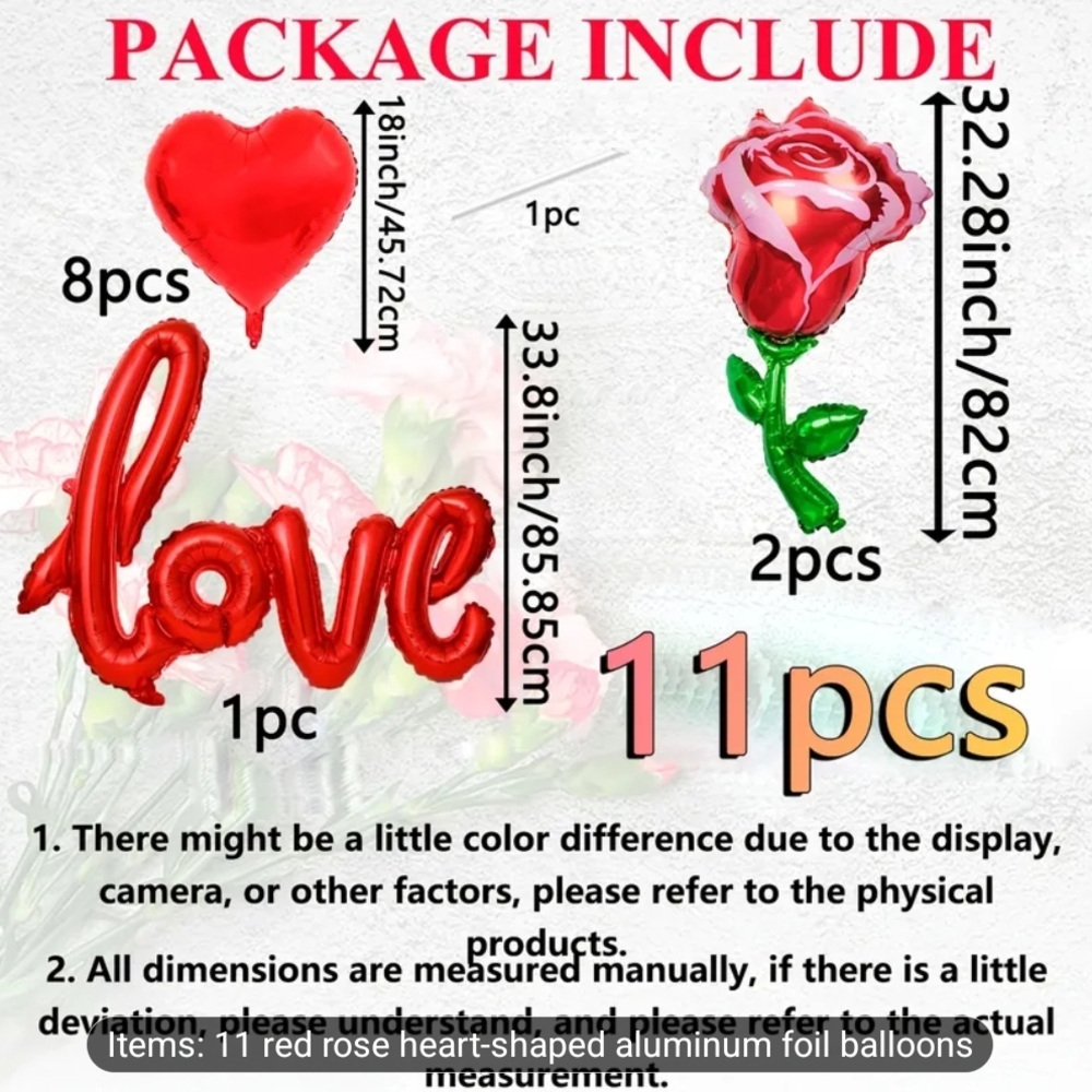 Red Rose Heart-Shaped Foil Balloons Set